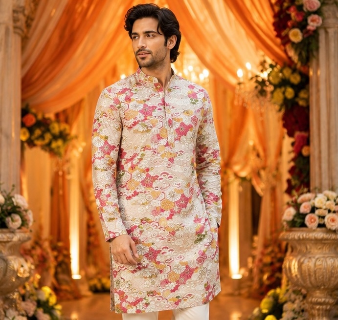 ShreeVastram Crimson Heritage Floral Brocade Kurta Set